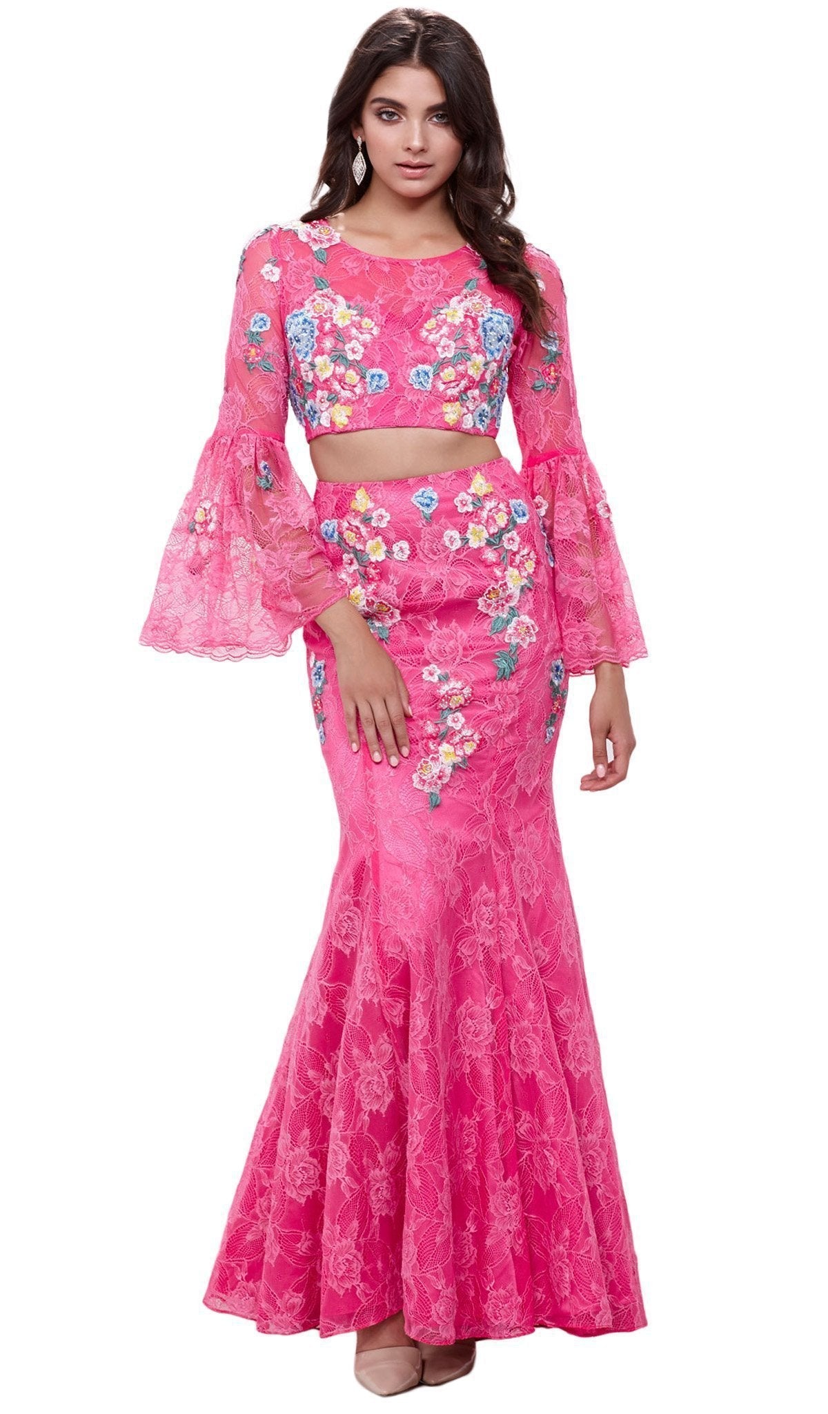 Nox Anabel - 8288 Two-Piece Embroidered Circular Flounce Sleeve Gown Special Occasion Dress XS / Fuchsia