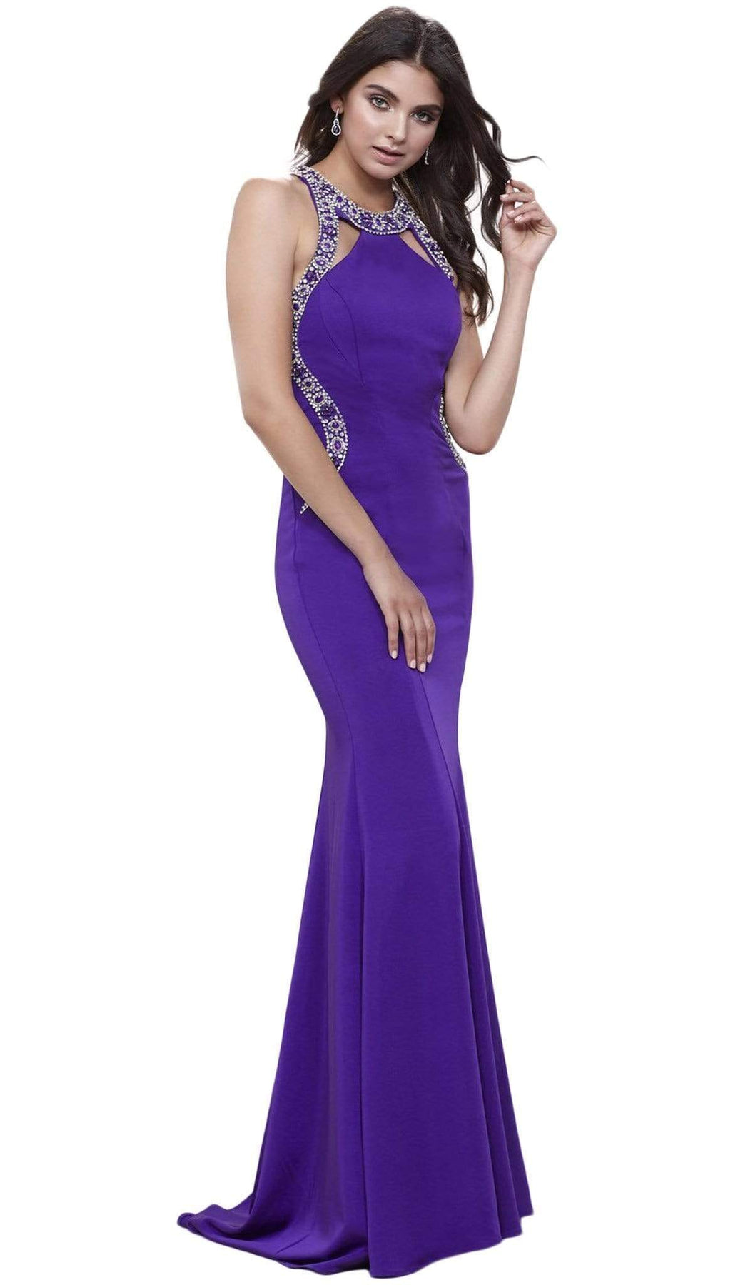 Nox Anabel - 8294 Bedazzled Halter Neck Long Trumpet Dress Special Occasion Dress XS / Purple