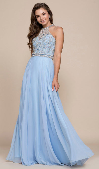 Nox Anabel - 8295 Beaded Illusion Halter A-line Dress Special Occasion Dress XS / Ice Blue
