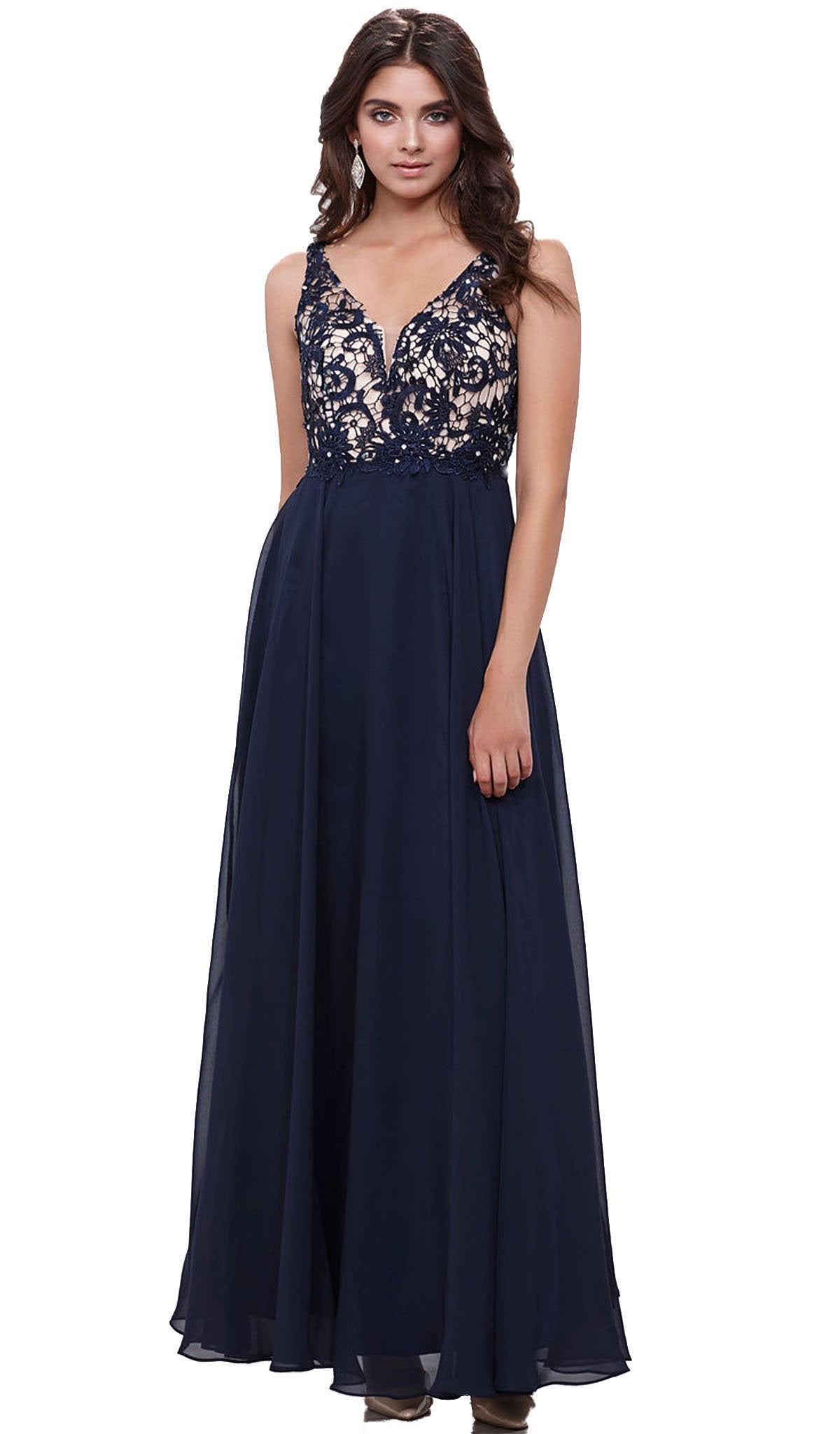 Nox Anabel - 8297 Sleeveless Lace Bodice A-Line Evening Dress Special Occasion Dress XS / Navy