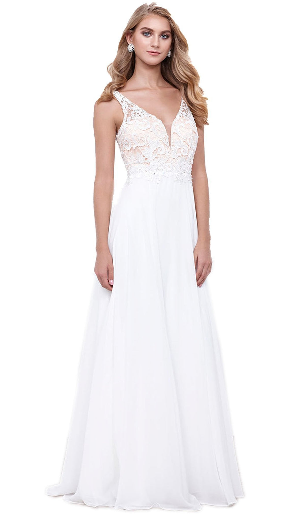 Nox Anabel - 8297 Sleeveless Lace Bodice A-Line Evening Dress Special Occasion Dress XS / White
