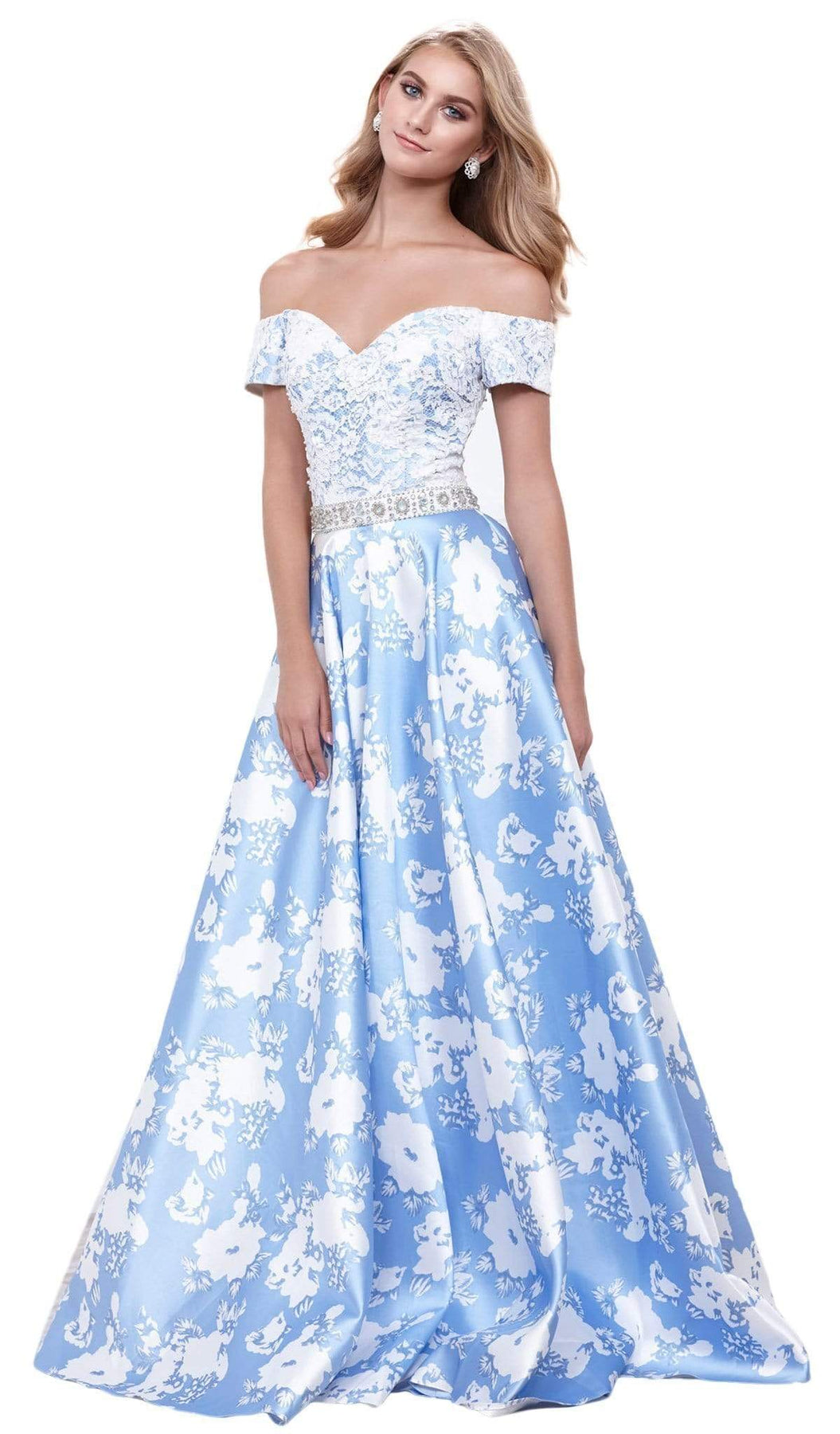 Nox Anabel - 8301 Lace Off Shoulder Floral A-Line Gown Special Occasion Dress XS / Blue