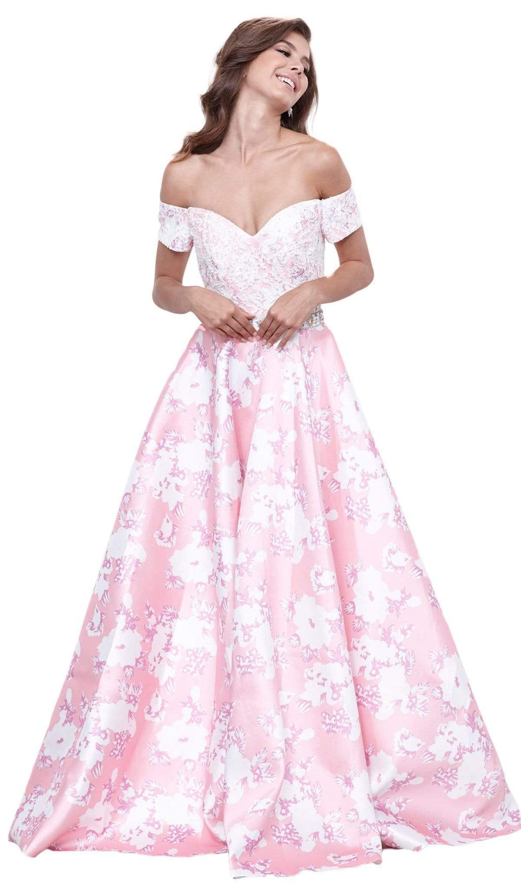 Nox Anabel - 8301 Lace Off Shoulder Floral A-Line Gown Special Occasion Dress XS / Pink