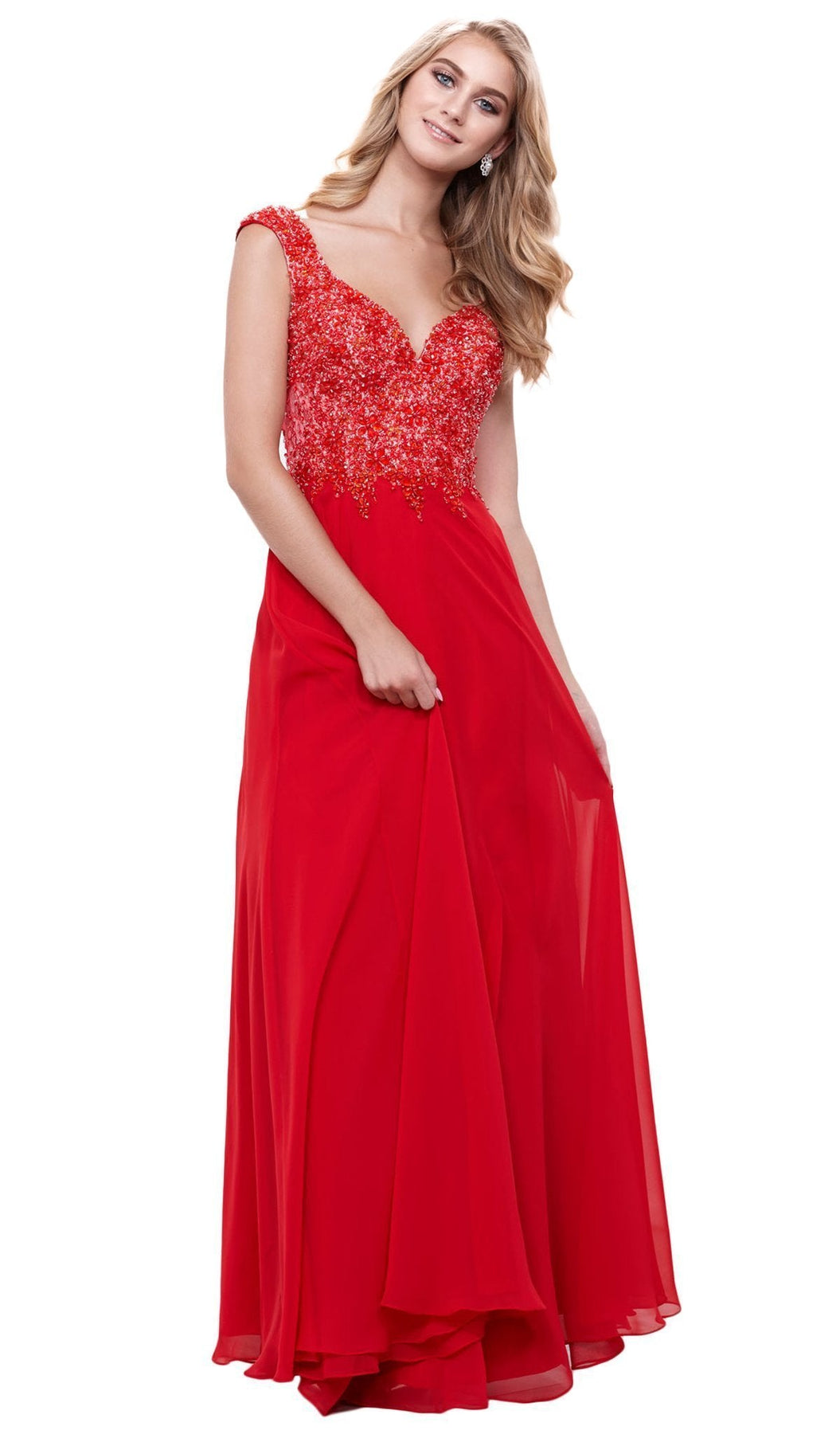 Nox Anabel - 8302 Adorned Lace Bodice Sleeveless Chiffon Dress Special Occasion Dress XS / Red