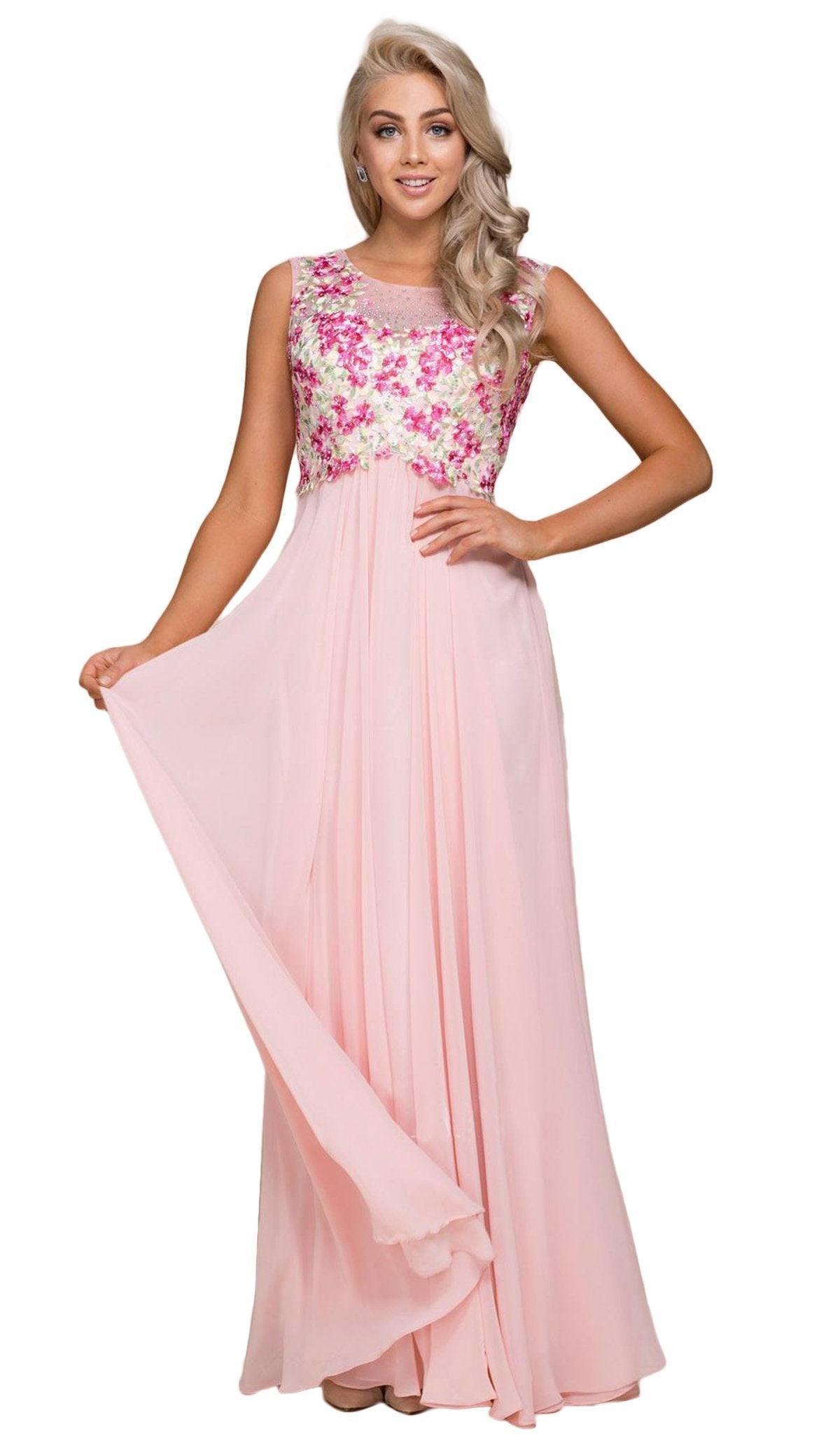 Nox Anabel - 8306 Floral Applique Illusion Bateau A-line Dress Special Occasion Dress XS / Bashful Pink