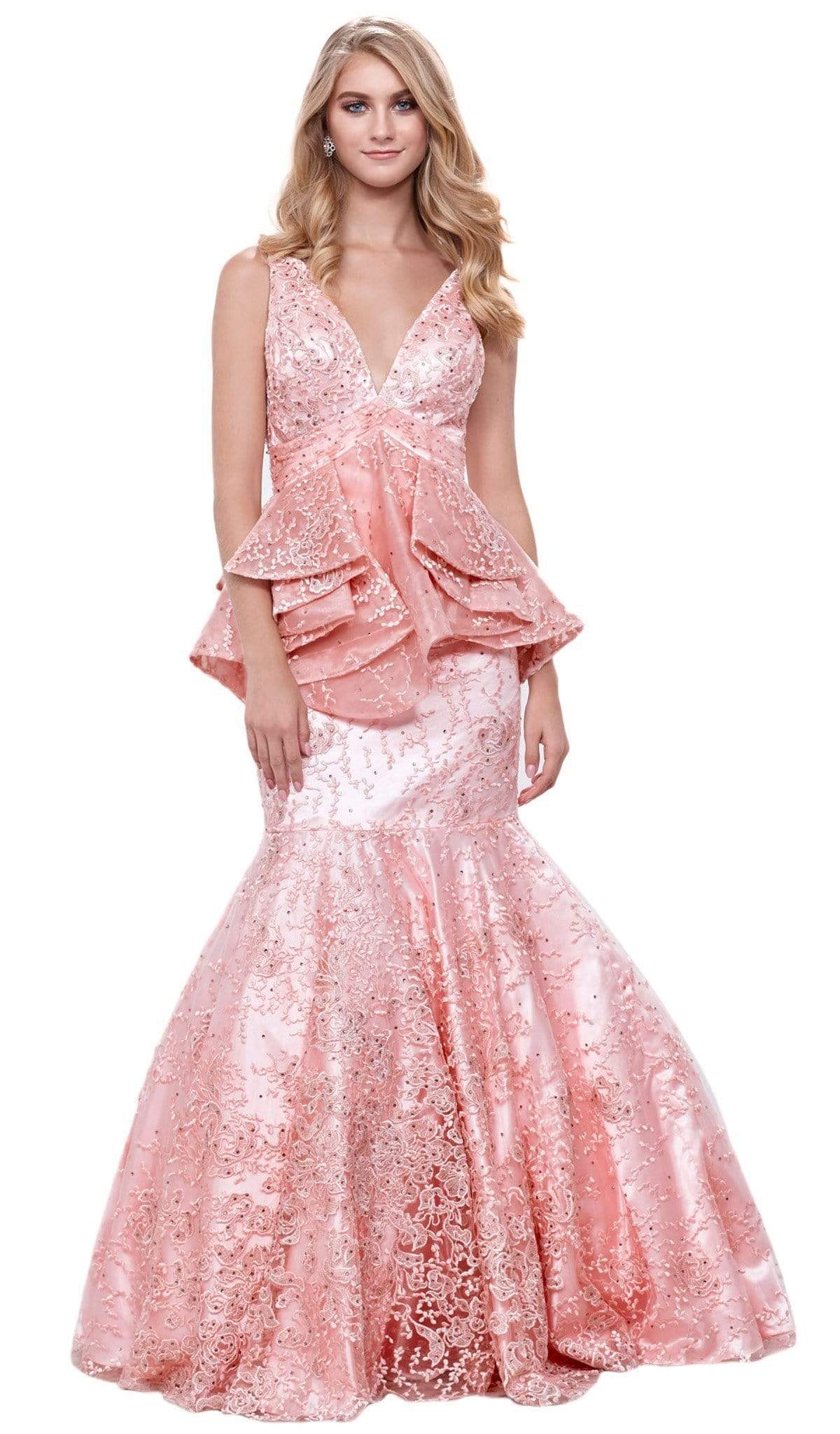 Nox Anabel - 8311 Embellished Sleeveless Ruffled Peplum Evening Gown Special Occasion Dress XS / Bashful Pink