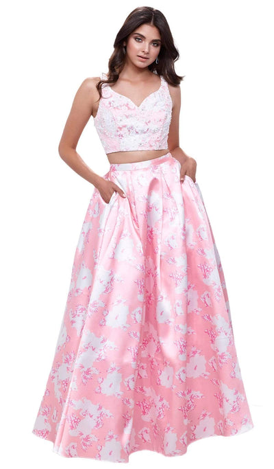 Nox Anabel - 8312 Two-Piece Wide V-Neckline Floral A-line Evening Gown Special Occasion Dress XS / Floral Patterns
