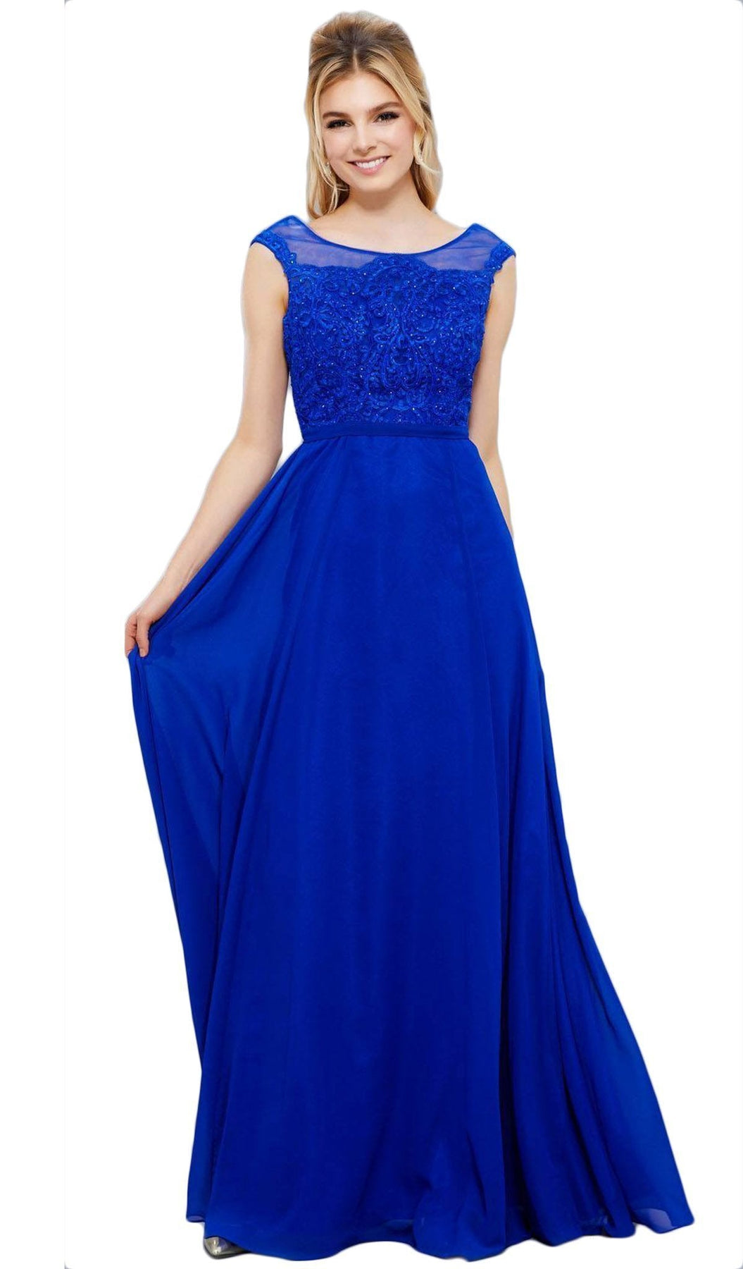 Nox Anabel - 8314 Elegant Lace Bodice Scoop Back Chiffon A-Line Evening Gown Special Occasion Dress XS / Royal Blue