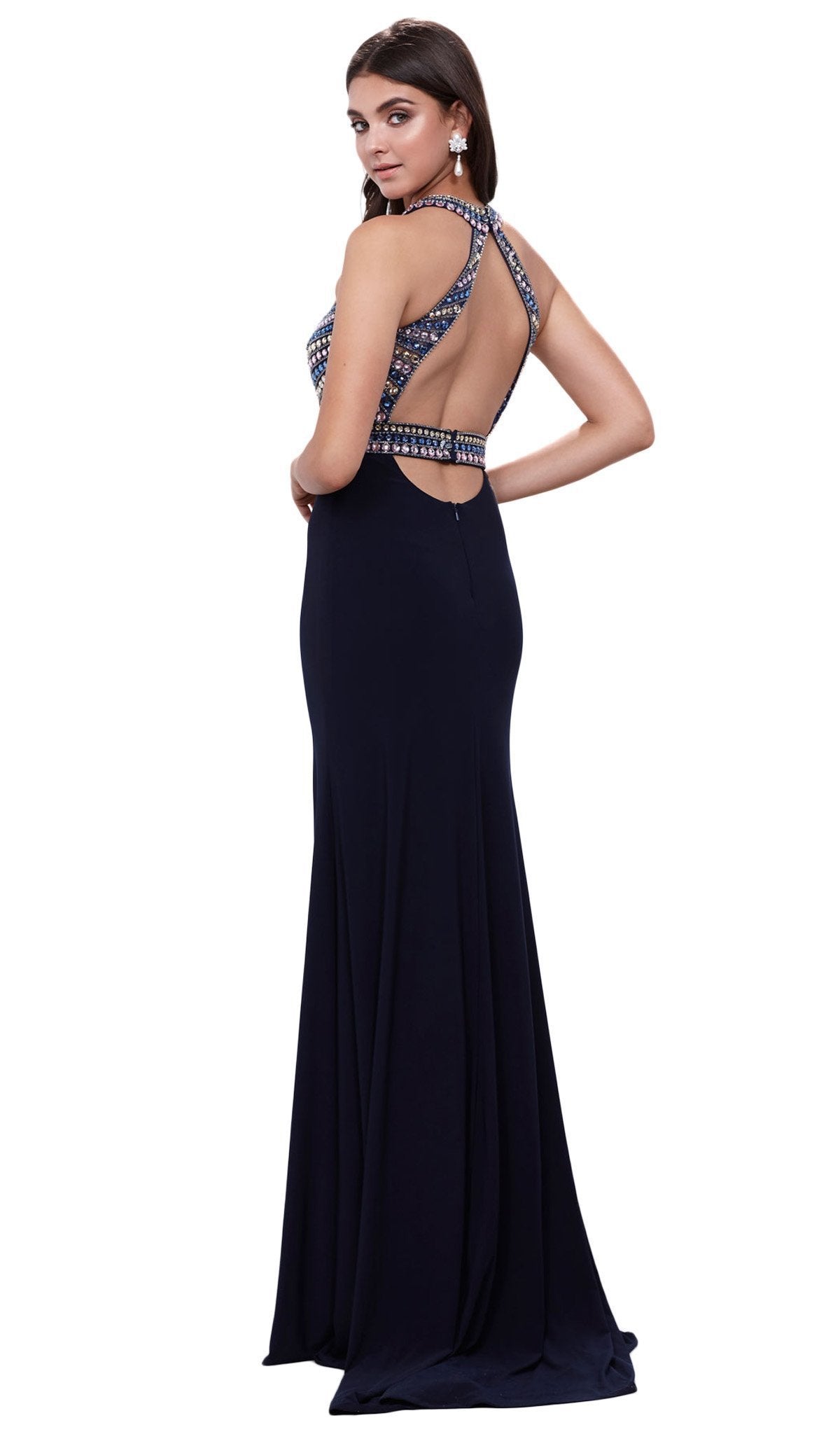 Nox Anabel - 8321 Rhinestone Embellished Halter Illusion Evening Gown Special Occasion Dress