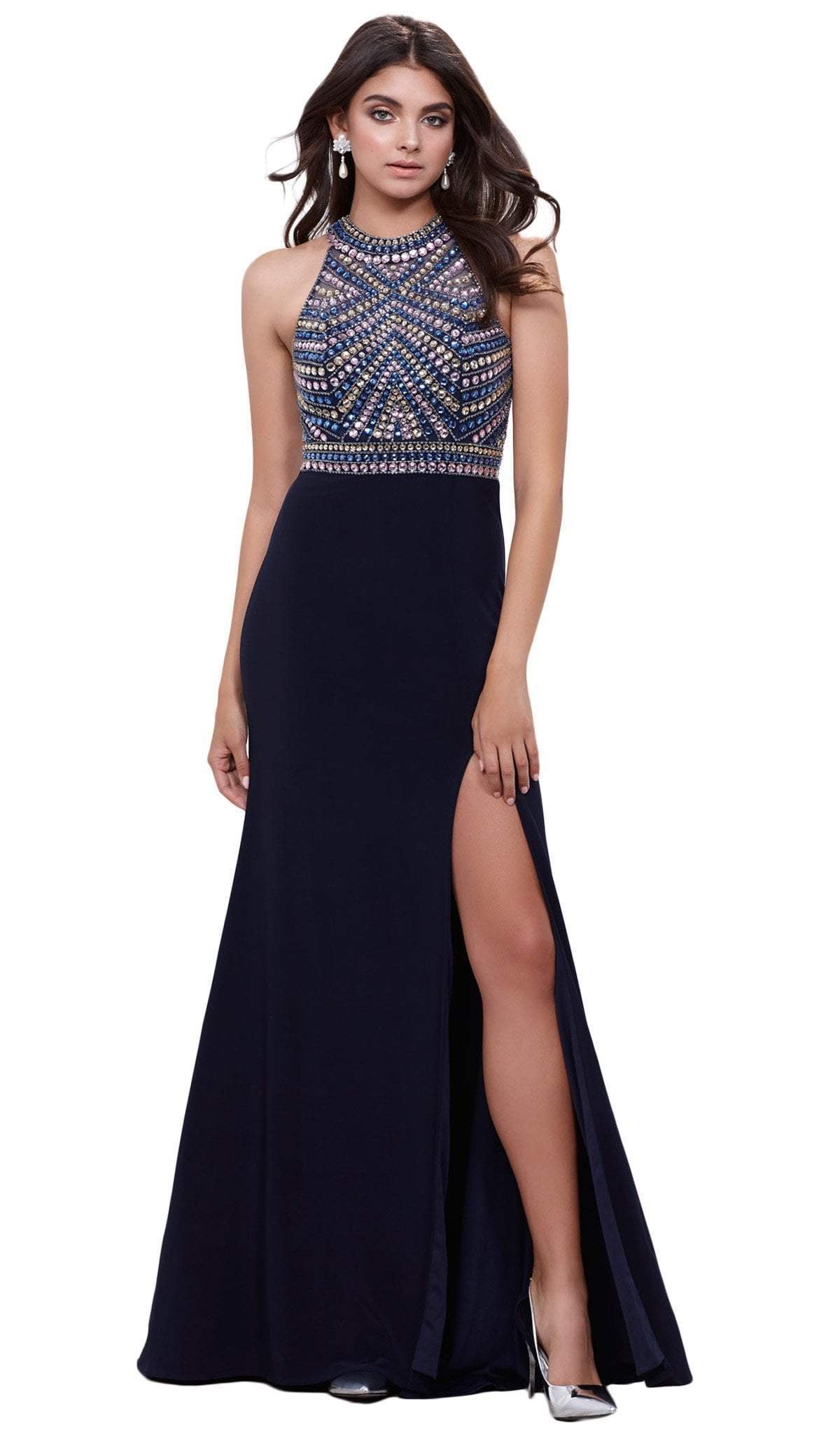 Nox Anabel - 8321 Rhinestone Embellished Halter Illusion Evening Gown Special Occasion Dress XS / Navy
