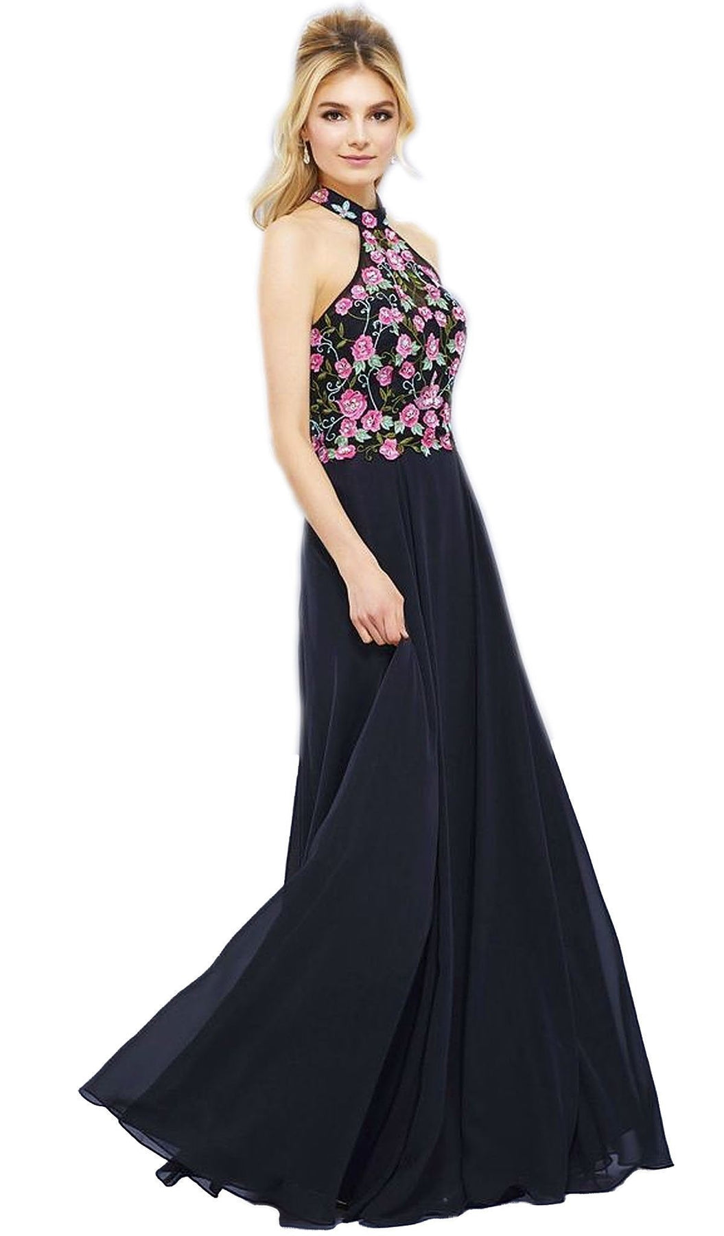 Nox Anabel - 8326 Lovely Floral Halter Style Long Evening Gown Special Occasion Dress XS / Black