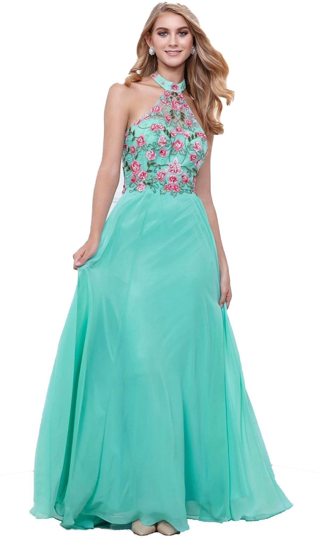 Nox Anabel - 8326 Lovely Floral Halter Style Long Evening Gown Special Occasion Dress XS / Mint Green