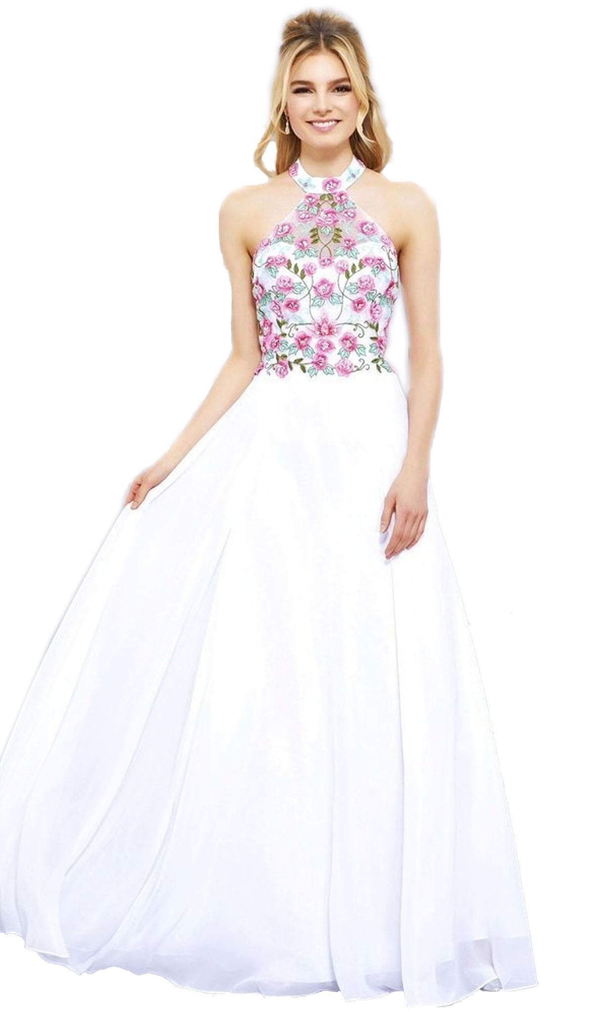 Nox Anabel - 8326 Lovely Floral Halter Style Long Evening Gown Special Occasion Dress XS / White