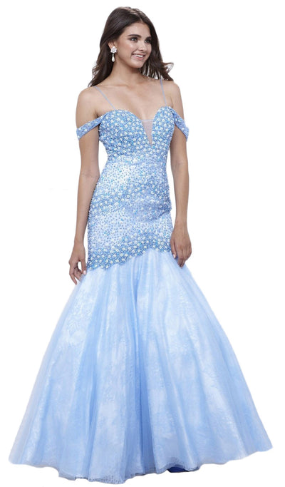 Nox Anabel - 8328 Beaded Off-Shoulder Trumpet Evening Gown Special Occasion Dress XS / Ice Blue