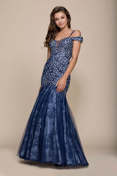 Nox Anabel - 8328 Beaded Off-Shoulder Trumpet Evening Gown Special Occasion Dress XS / Navy