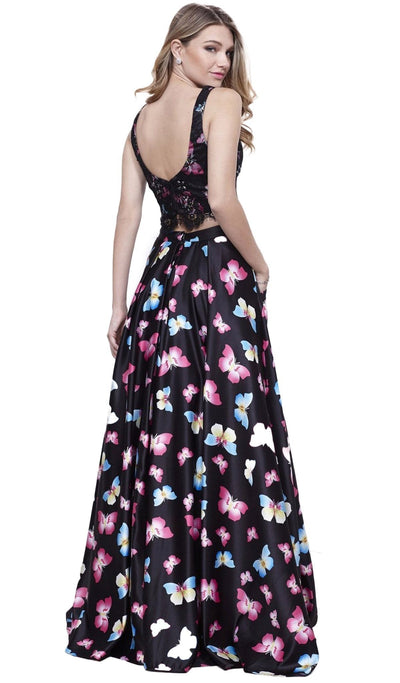 Nox Anabel - 8336 Two-Piece Bateau Butterfly Printed Evening Gown Special Occasion Dress