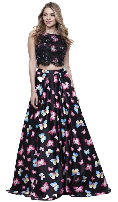 Nox Anabel - 8336 Two-Piece Bateau Butterfly Printed Evening Gown Special Occasion Dress XS / Butterfly Printed