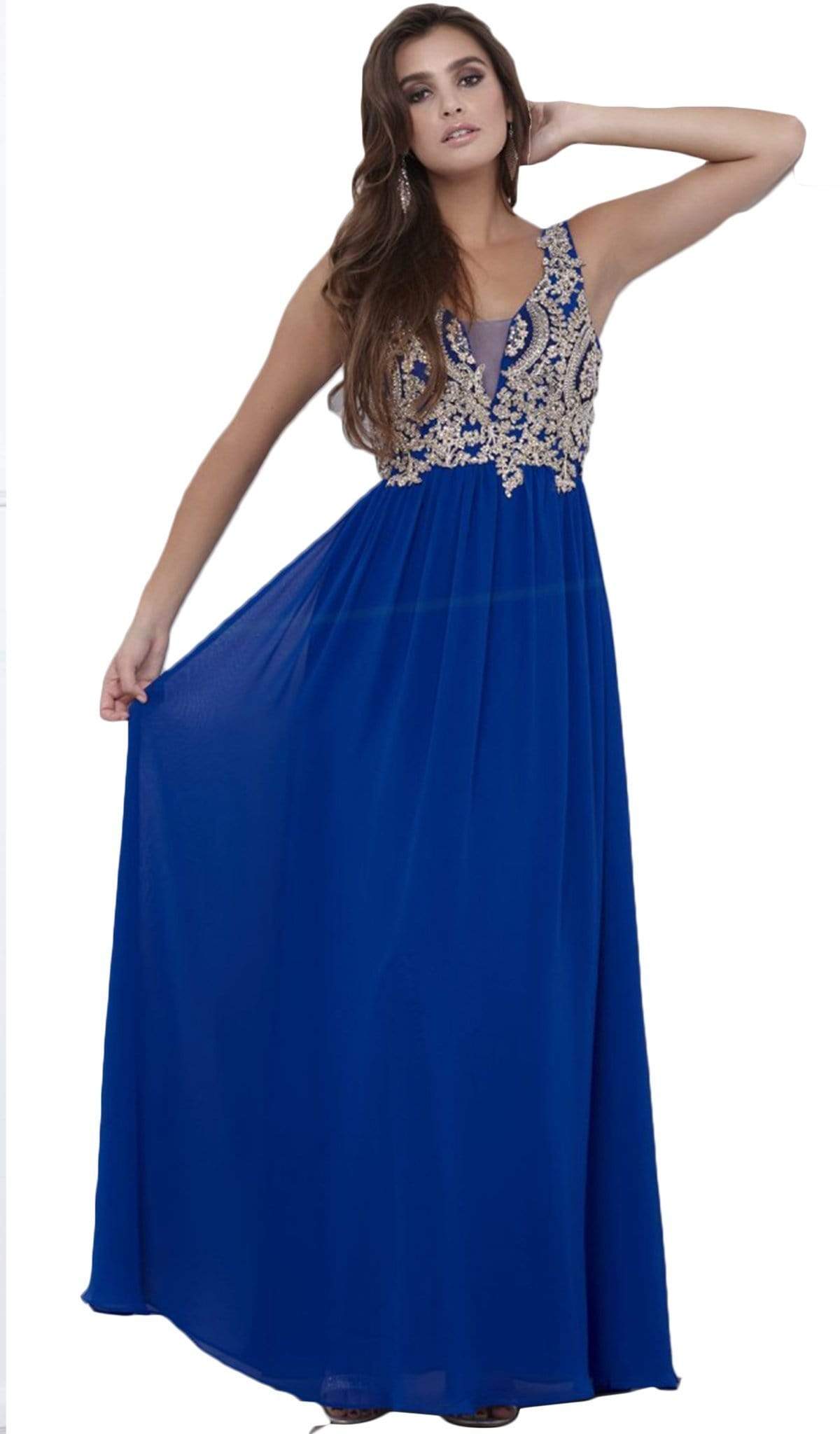 Nox Anabel - 8343 Sleeveless Beaded V Neck Lace Bodice Long Gown Special Occasion Dress
