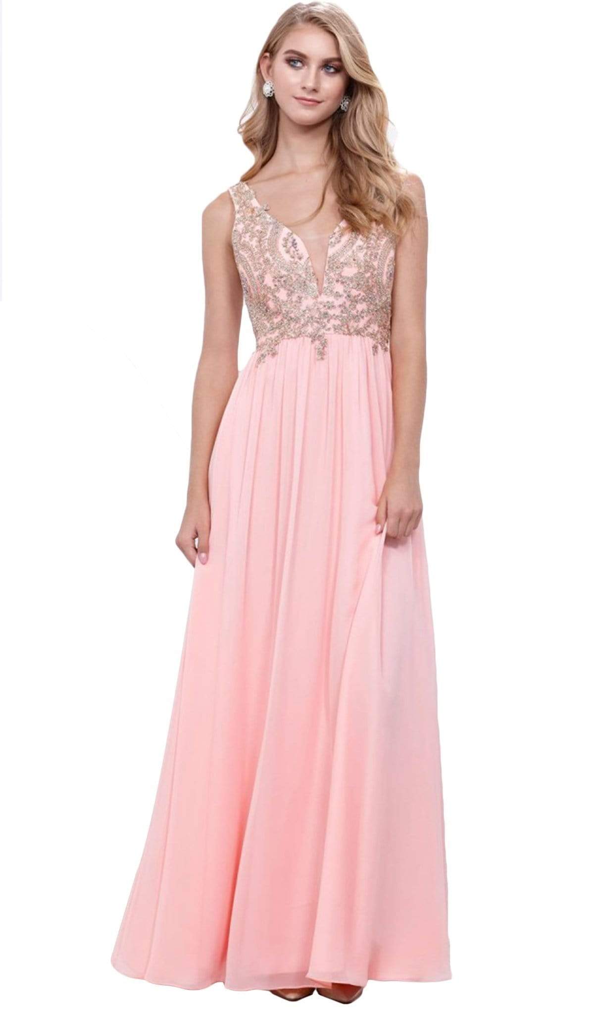 Nox Anabel - 8343 Sleeveless Beaded V Neck Lace Bodice Long Gown Special Occasion Dress XS / Bashful Pink