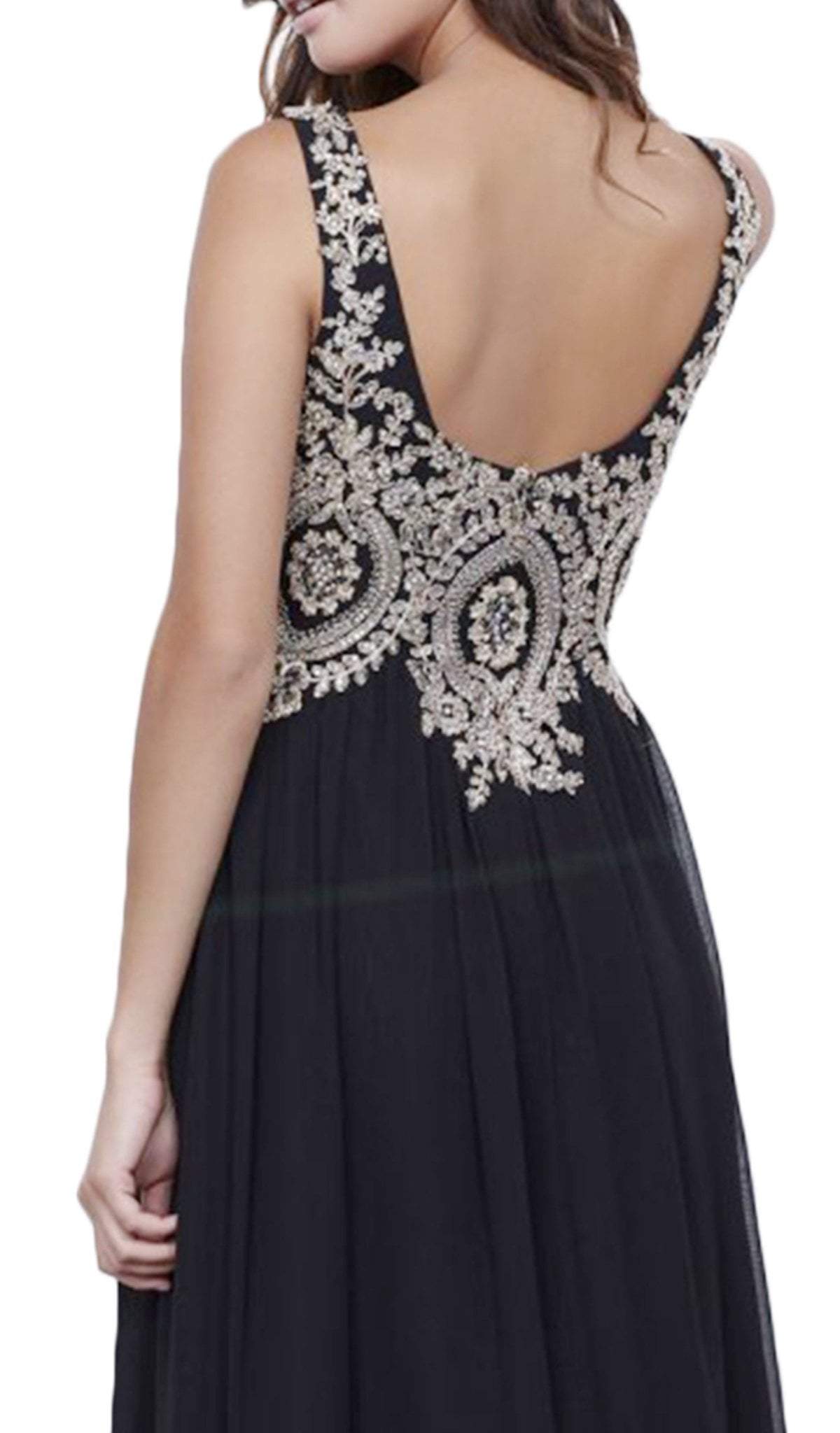 Nox Anabel - 8343 Sleeveless Beaded V Neck Lace Bodice Long Gown Special Occasion Dress XS / Black