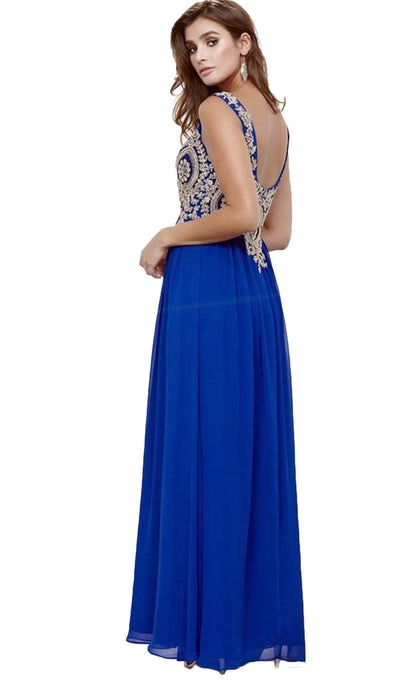 Nox Anabel - 8343 Sleeveless Beaded V Neck Lace Bodice Long Gown Special Occasion Dress XS / Royal Blue