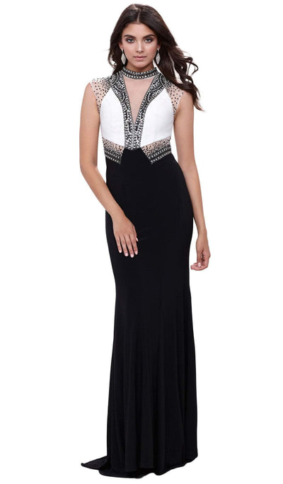 Nox Anabel - 8364 Contrast Jewel Illusion Paneled Evening Gown Special Occasion Dress XS / Black & White