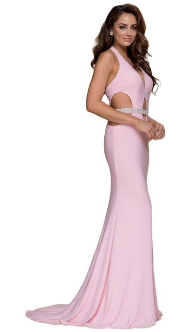Nox Anabel - A046 Plunging Halter Embellished Sheath Dress Special Occasion Dress XS / Blush