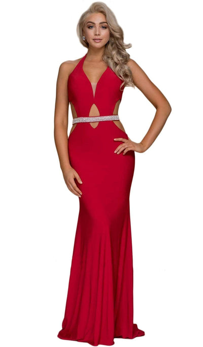 Nox Anabel - A046 Plunging Halter Embellished Sheath Dress Special Occasion Dress XS / Red