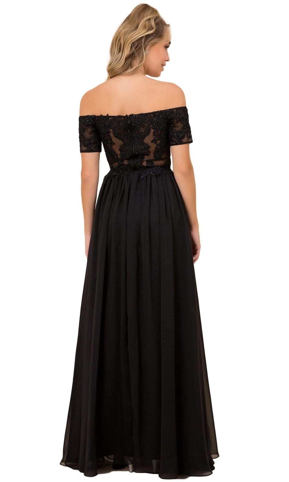 Nox Anabel - Half Sleeves Lace Appliques Chiffon Long Gown A061SC In Black