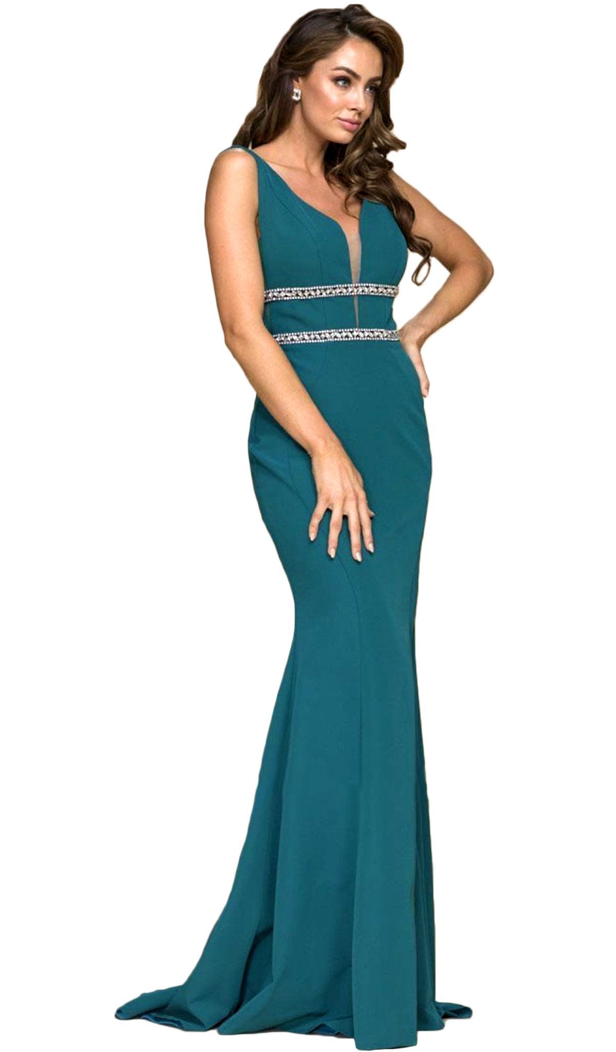 Nox Anabel - A076 Sleeveless Jewel-Banded V-Neck Mermaid Gown Special Occasion Dress XS / Green