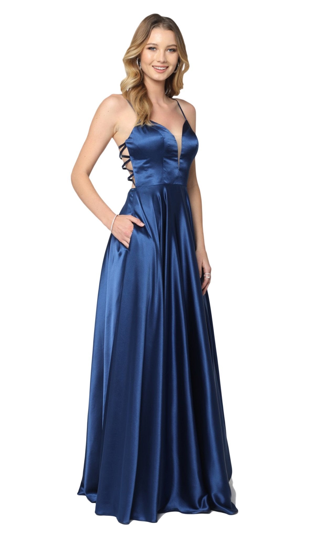 Nox Anabel - A180 Deep V-neck A-line Dress With Strappy Back Special Occasion Dress XS / Navy