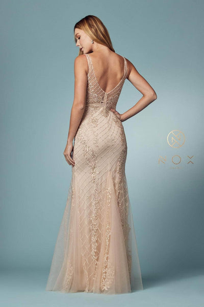 Nox Anabel - A398 Sleeveless V Neck Beaded Lace Applique Trumpet Gown Evening Dresses