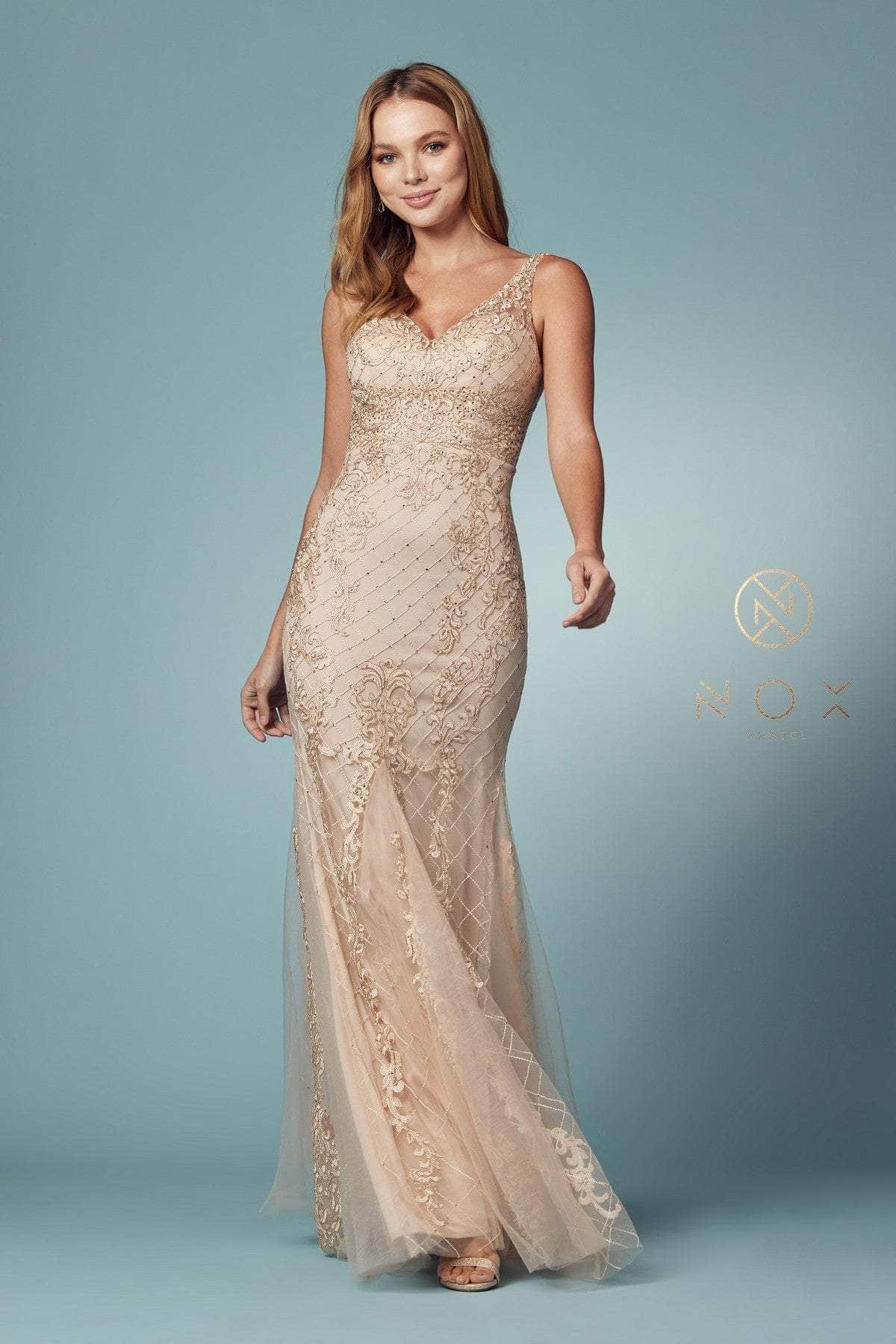 Nox Anabel - A398 Sleeveless V Neck Beaded Lace Applique Trumpet Gown Evening Dresses 4 / Gold