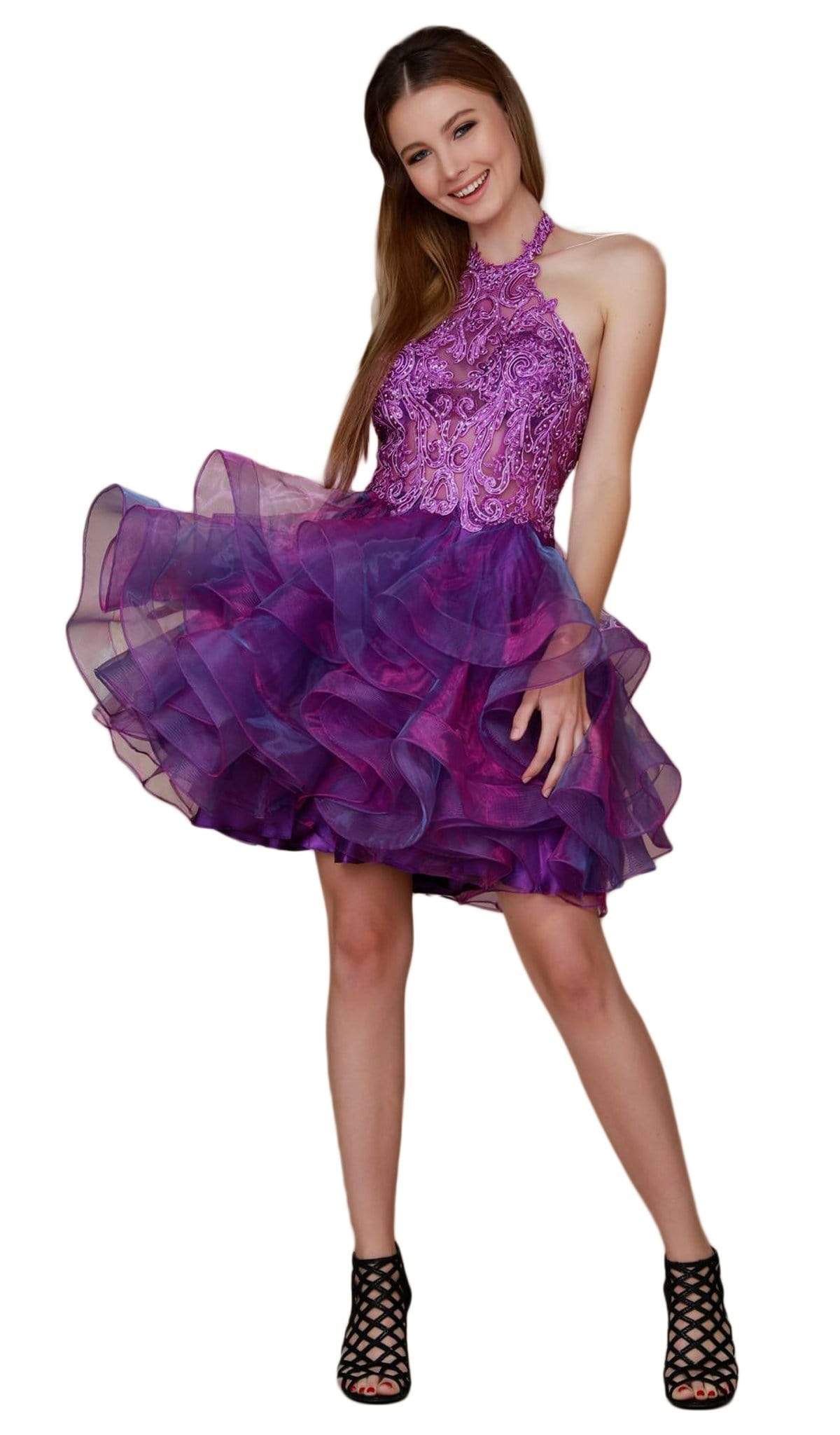 Nox Anabel - A610 Embroidered Halter Tiered A-line Dress Special Occasion Dress XS / Magenta