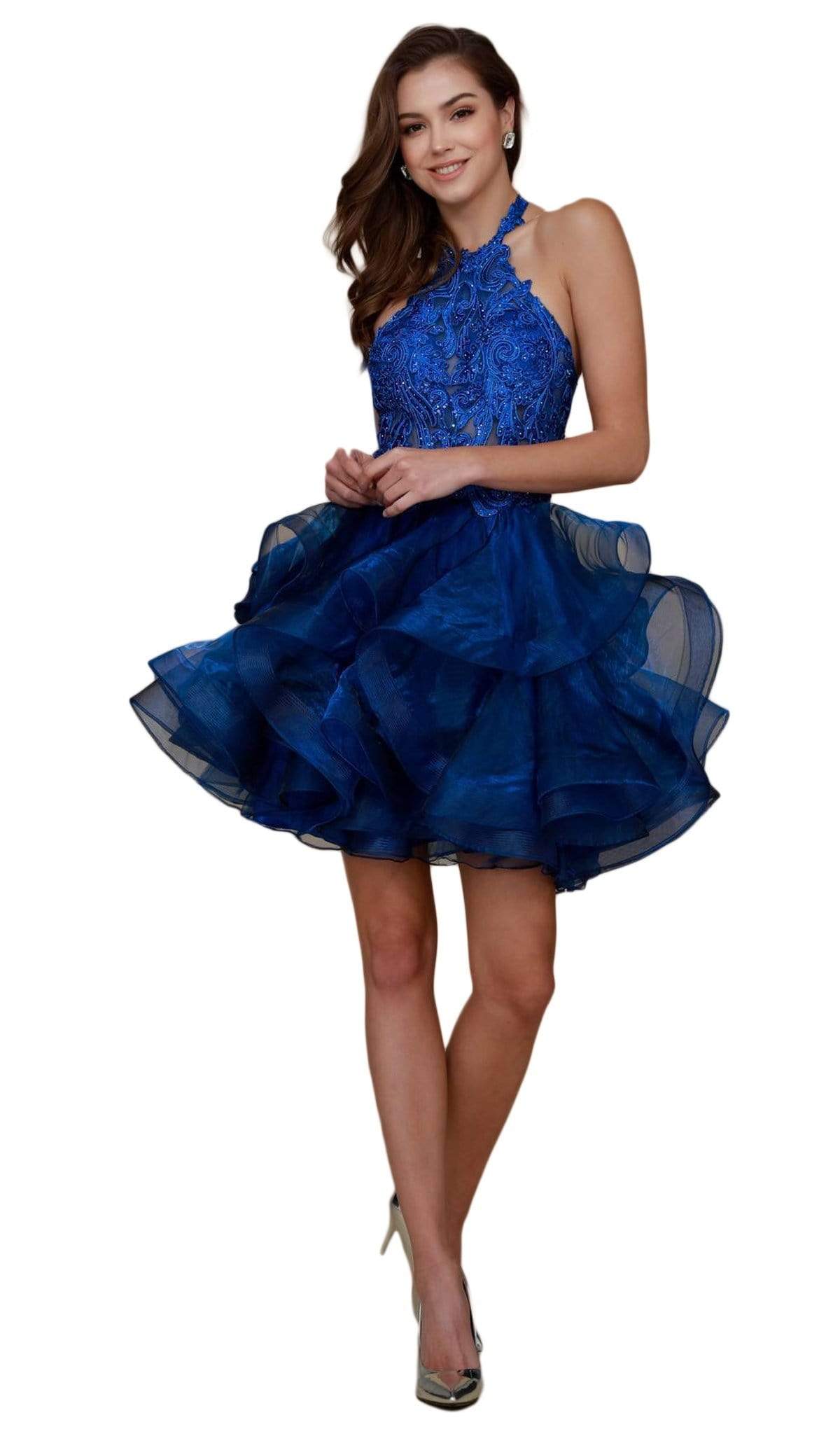 Nox Anabel - A610 Embroidered Halter Tiered A-line Dress Special Occasion Dress XS / Sapphire