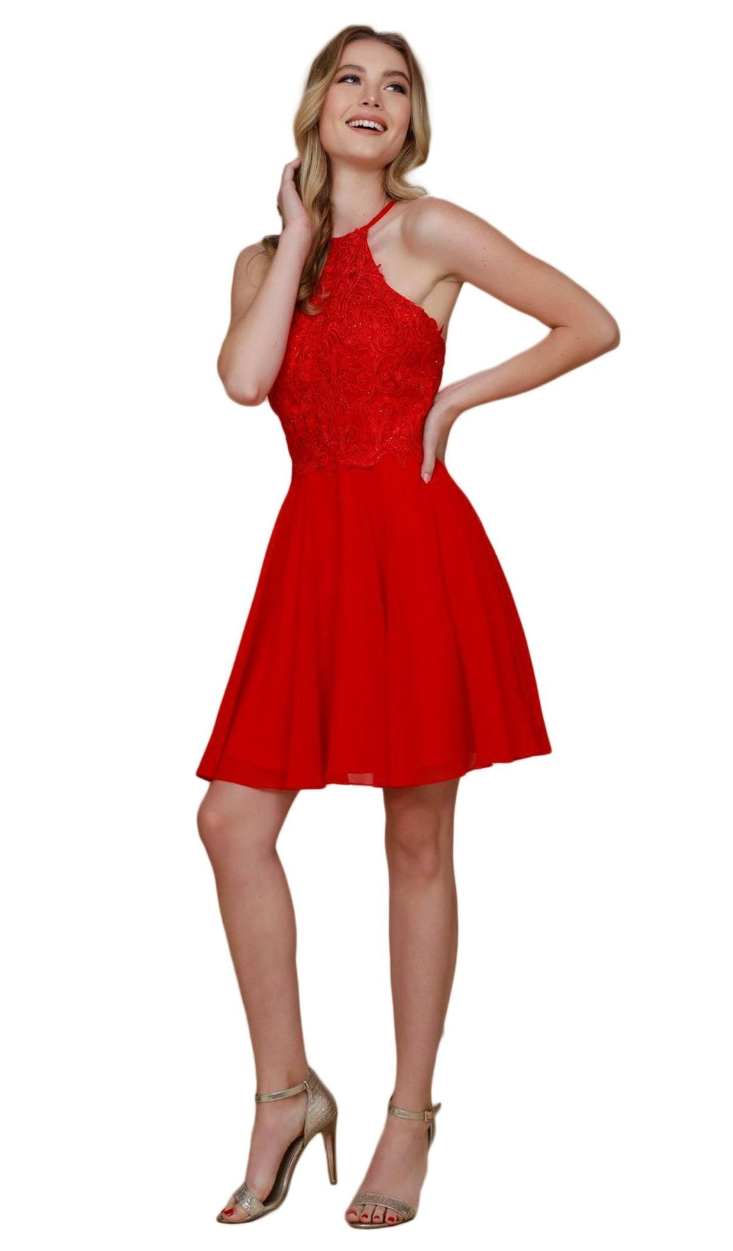 Nox Anabel - A615 Embroidered Halter Neck Chiffon A-line Dress Special Occasion Dress XS / Red