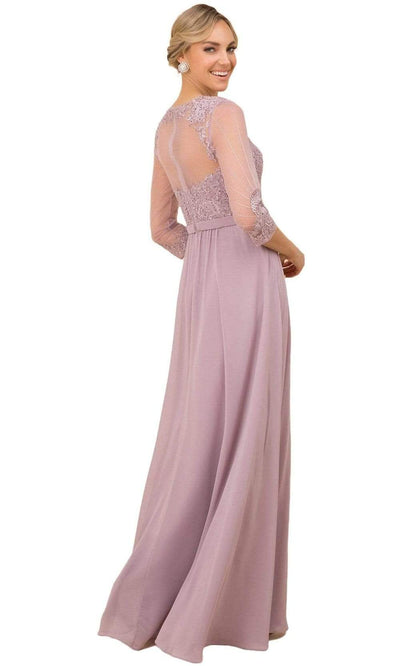 Nox Anabel - Y532SC V Neck Illusion Chiffon A-line Gown In Purple and Pink