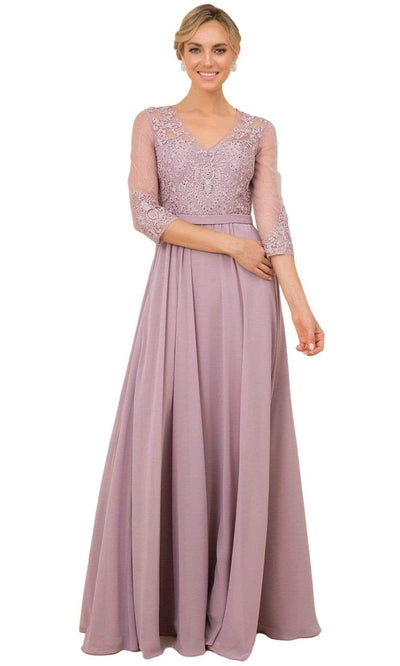 Nox Anabel - Y532SC V Neck Illusion Chiffon A-line Gown In Purple and Pink
