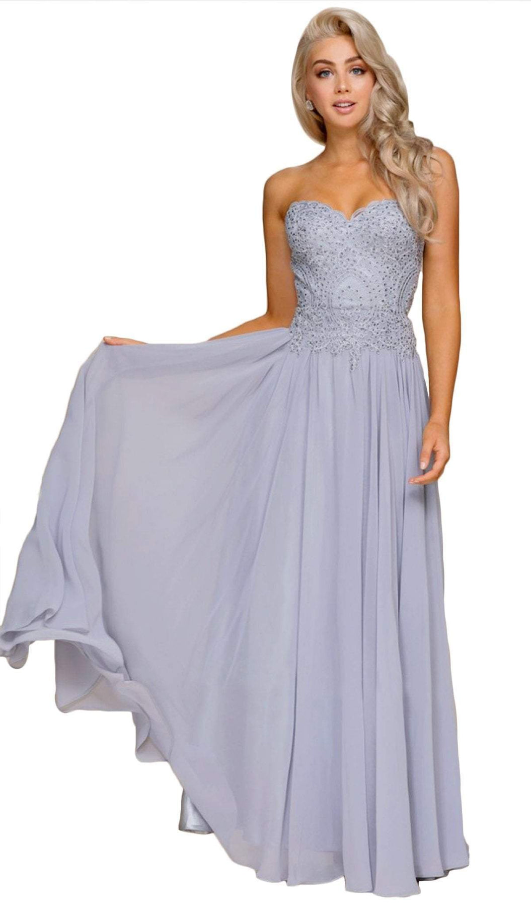 Nox Anabel - B045 Strapless Beaded Chiffon A-line Dress Special Occasion Dress XS / Silver