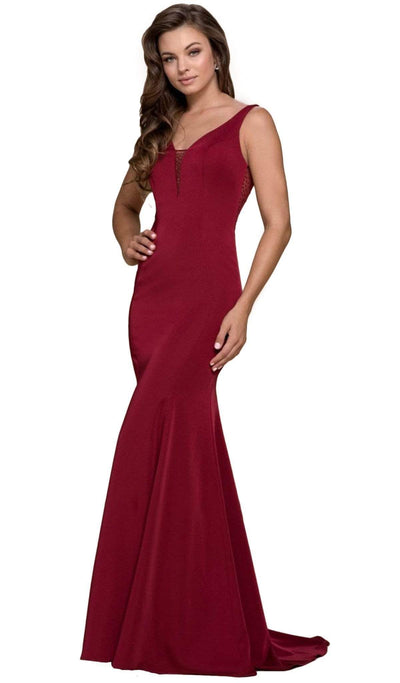 Nox Anabel - C001 Bejeweled Illusion Inset Plunging V-Neck Evening Gown Special Occasion Dress XS / Burgundy