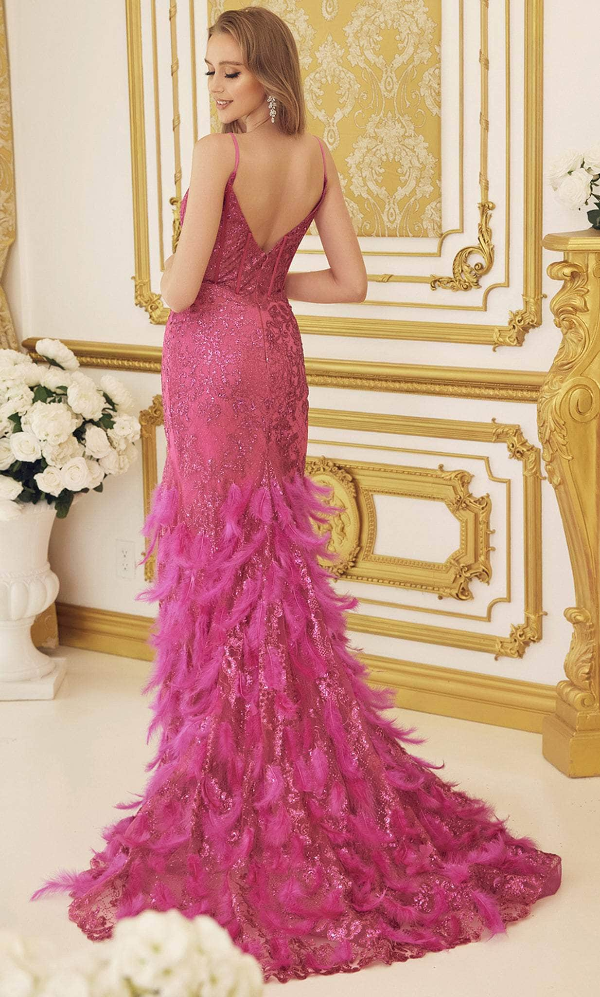 Nox Anabel C1119 - Feather Fringed Evening Dress Prom Dresses