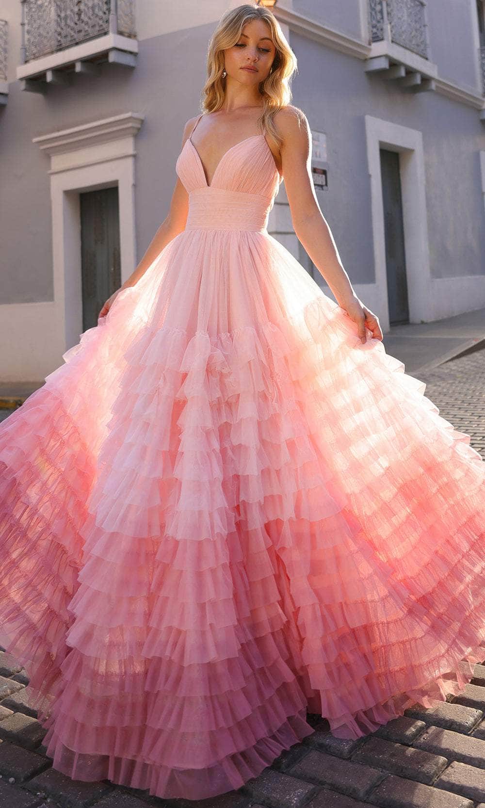 Nox Anabel C1420 - Ombre Ruffled Prom Dress Special Occasion Dress 0 / Blush Ombre