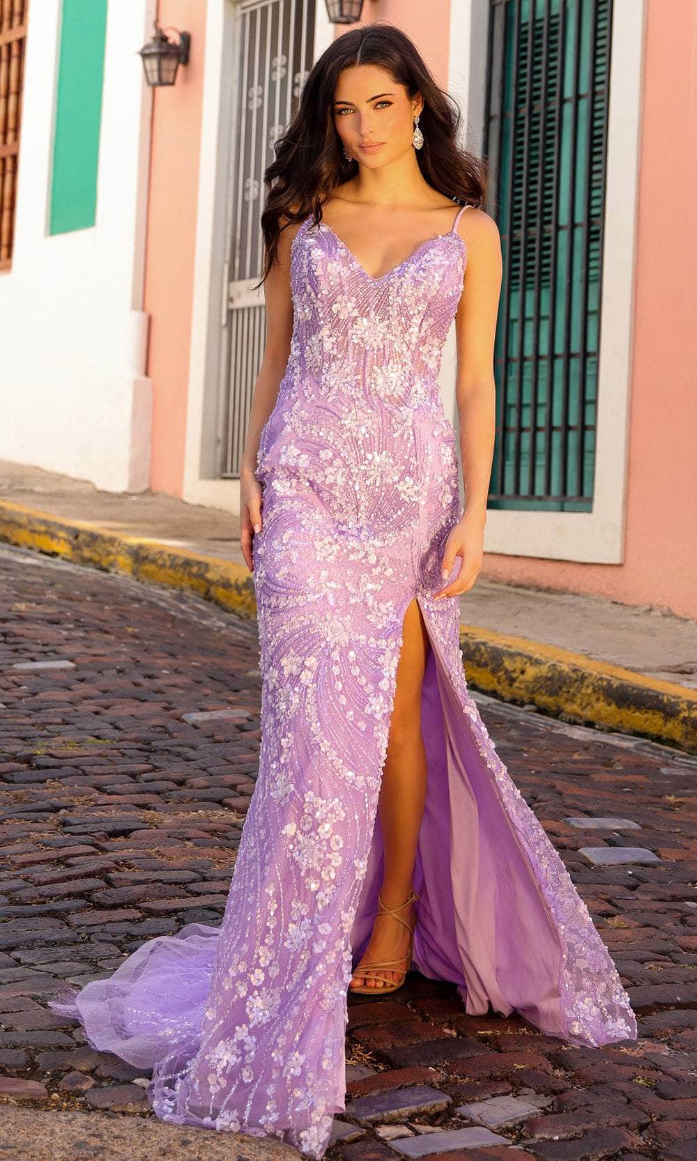 Nox Anabel C1458 - Sequined High Slit Prom Dress Special Occasion Dress 0 / Lilac