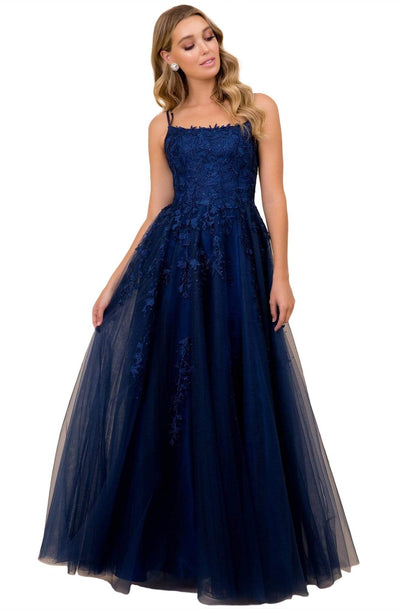 Nox Anabel - C415 Embroidered Scoop Neck Long A-line Gown Prom Dresses 4 / Navy Blue