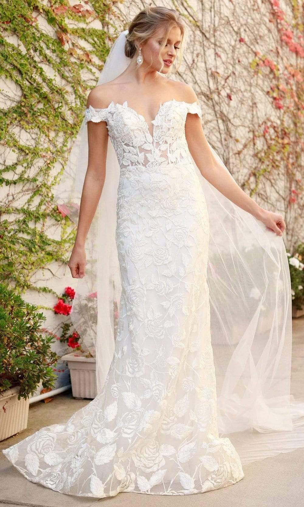 Nox Anabel - C439 Embroidered Off Shoulder Mermaid Dress Wedding Dresses 2 / Off White