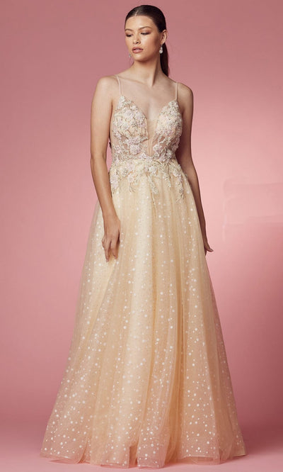 Nox Anabel E1002 - Sheer Embroidered Evening Gown Prom Dresses 2 / Nude