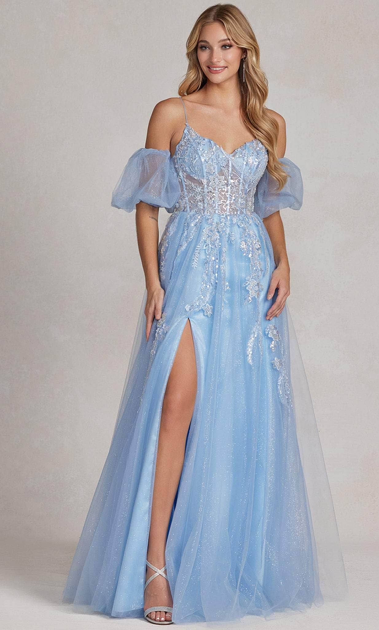 Nox Anabel E1173 - Cold Shoulder Tulle Prom Gown Prom Dresses 00 / Blue