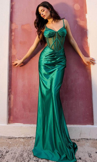 Nox Anabel E1292 - Corset Detailed Prom Dress Special Occasion Dress 0 / Emerald