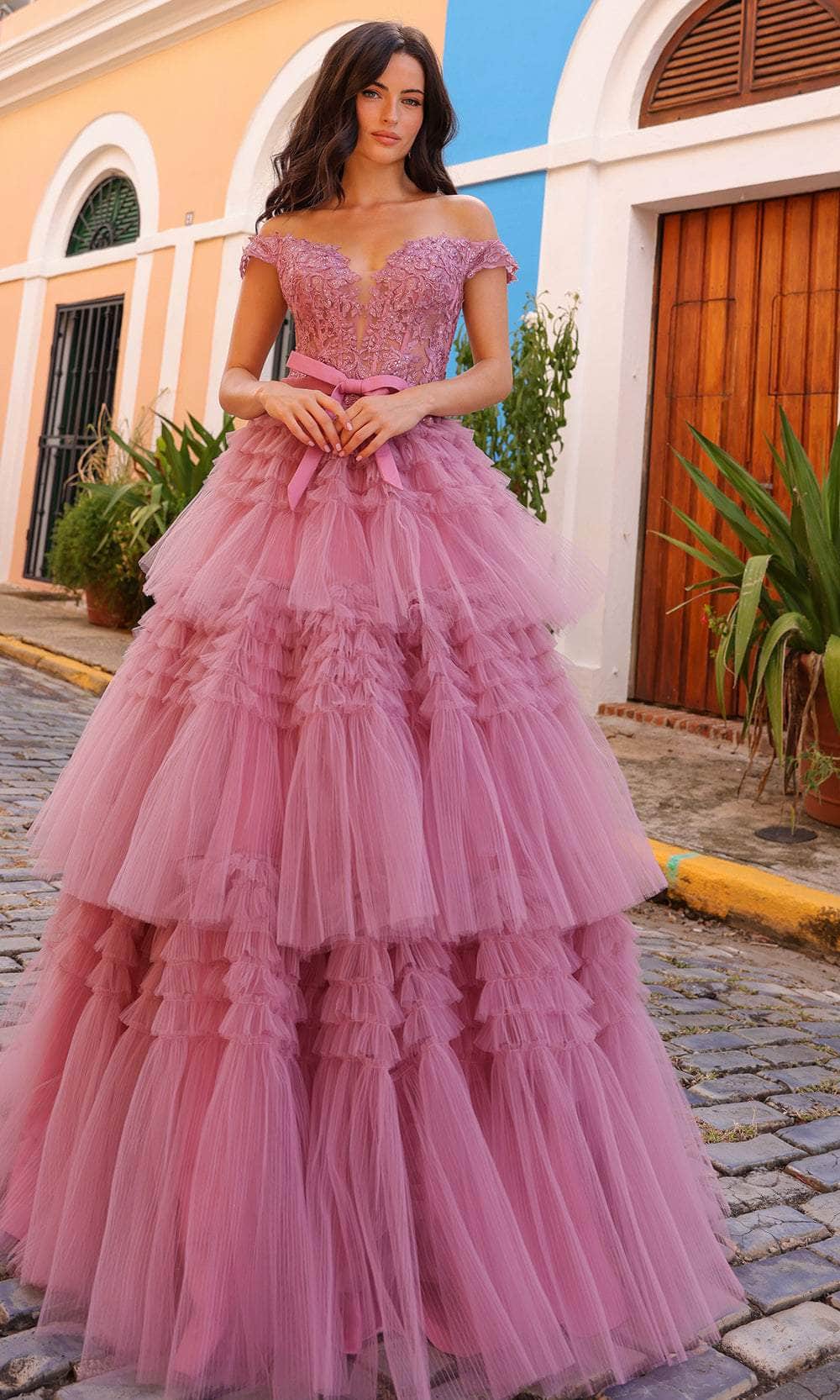 Nox Anabel E1293 - Off Shoulder Tiered Prom Dress Special Occasion Dress 0 / Mauve