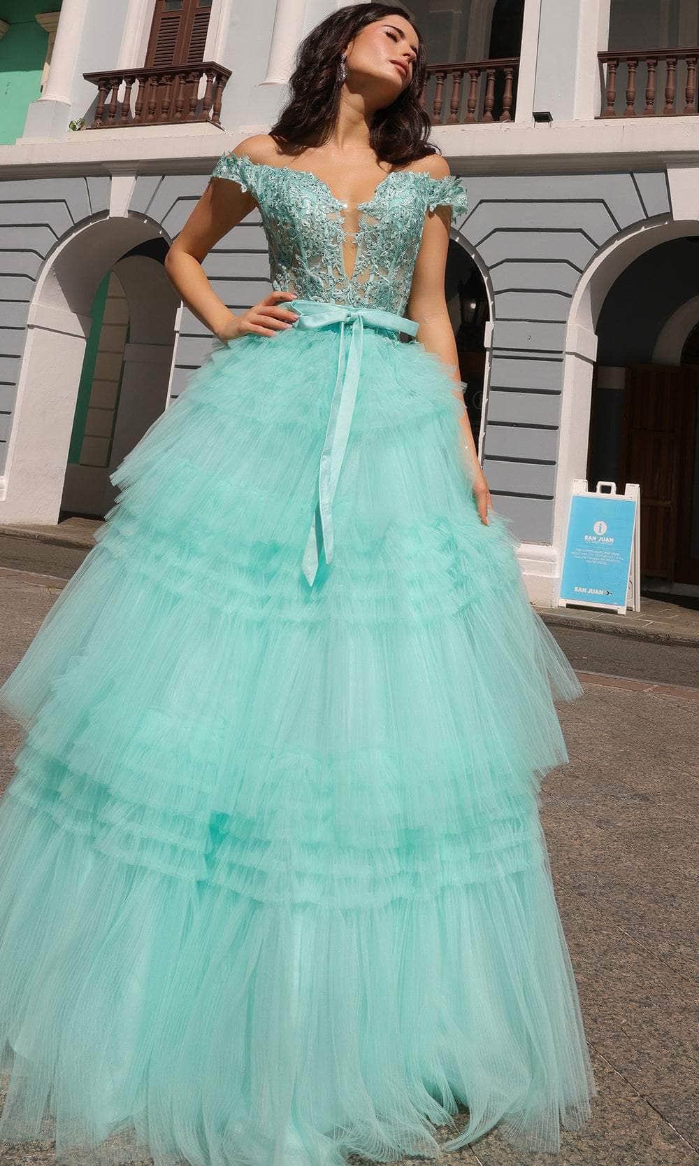 Nox Anabel E1293 - Off Shoulder Tiered Prom Dress Special Occasion Dress 0 / Mint Green